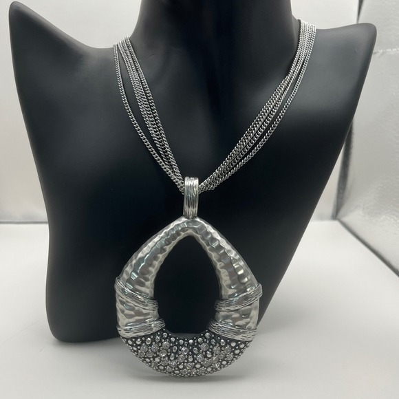 Macy's Silver Tone Open Teardrop Pendant Necklace with Rhinestones 16" - Picture 1 of 5